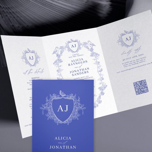 Classic royal blue French floral QR code wedding 三つ折り招待状