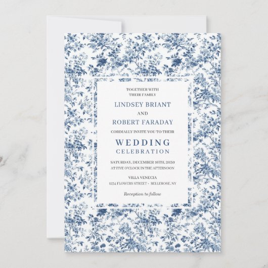 Classic Royal Blue Toile Wedding Invitation Style 招待状 (正面)