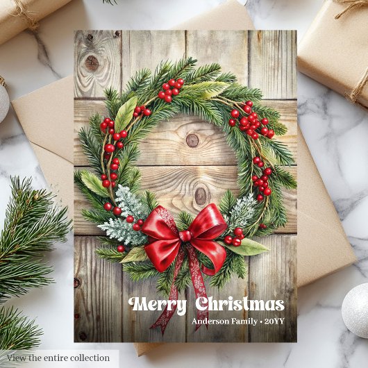 Classic rustic Christmas pine wreath holly berries シーズンカード
