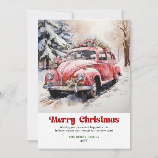 Classic rustic Christmas scene pink car design シーズンカード (正面)