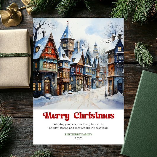 Classic rustic Christmas scene winter watercolor  シーズンカード