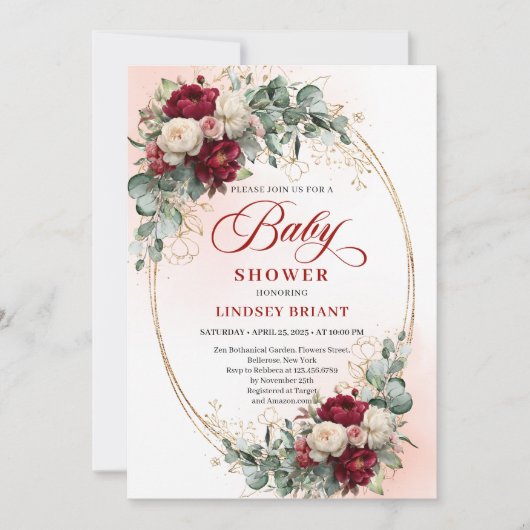 Classic Rustic Deep Red Floral Baby Shower Invite 招待状 (正面)