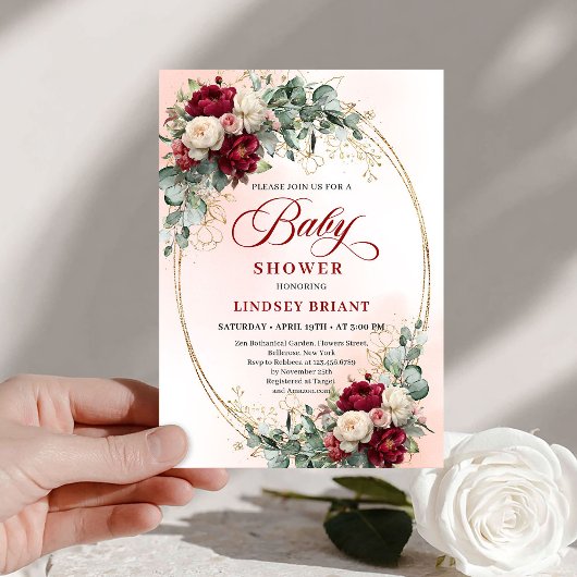 Classic Rustic Deep Red Floral Baby Shower Invite 招待状