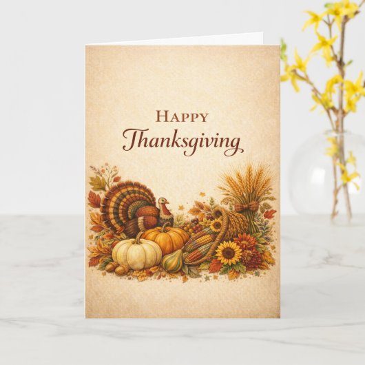 Classic Rustic Thanksgiving Turkey Harvest  カード (黄色い花)