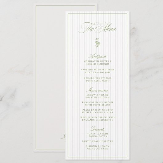 Classic Sage Green & Beige Striped Wedding Menu 招待状 (正面/裏面)