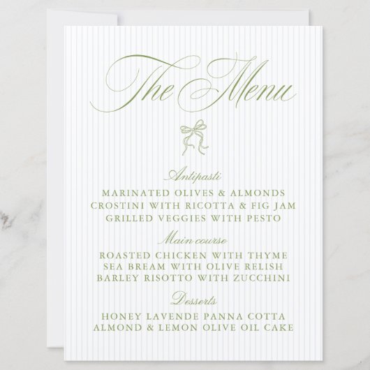 Classic Sage Green & Blue Striped Wedding Menu (正面)