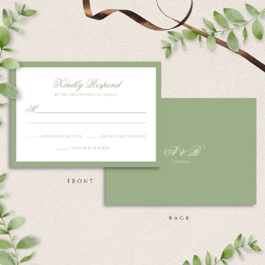 Classic Sage Green Border Monogram Script Wedding 出欠カード