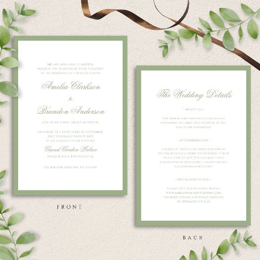 Classic Sage Green Border Script Wedding Details & 招待状