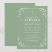 Classic Sage Green Dainty Floral Frame Baptism 招待状 (正面/裏面)