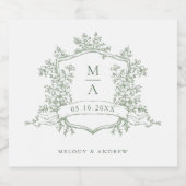 Classic Sage Green Floral Crest Monograms Wedding スパークリングワインラベル (シングルラベル)