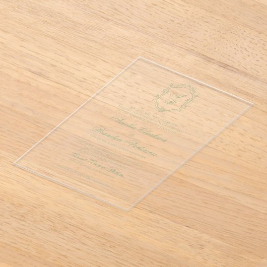 Classic Sage Green Floral Monogram Crest Wedding アクリル招待状 (レイダウン)