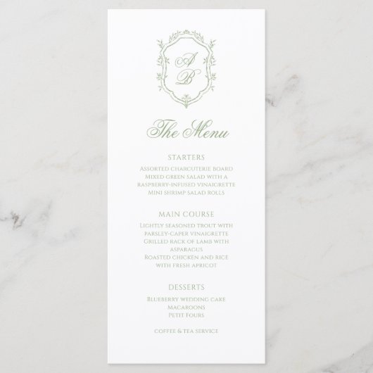 Classic Sage Green Floral Monogram Crest Wedding メニュー (正面)
