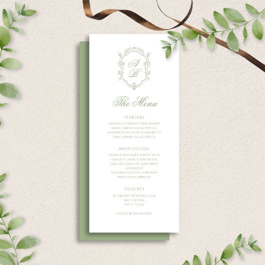 Classic Sage Green Floral Monogram Crest Wedding メニュー