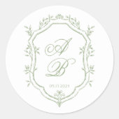 Classic Sage Green Floral Monogram Crest Wedding ラウンドシール (正面)