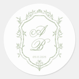 Classic Sage Green Floral Monogram Crest Wedding ラウンドシール
