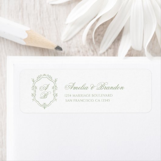 Classic Sage Green Floral Monogram Crest Wedding ラベル (インサイチュ)