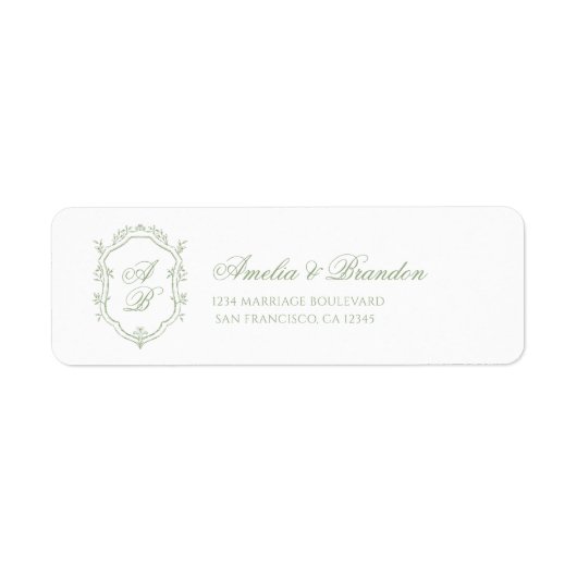 Classic Sage Green Floral Monogram Crest Wedding ラベル (正面)