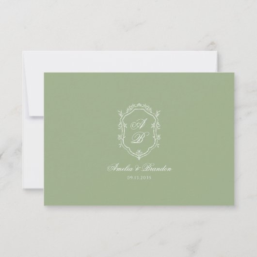 Classic Sage Green Floral Monogram Crest Wedding 出欠カード (裏面)
