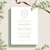Classic Sage Green Floral Monogram Crest Wedding 招待状
