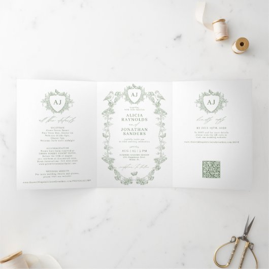 Classic sage green French floral QR code wedding 三つ折り招待状 (内部)