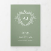 Classic sage green French floral QR code wedding 三つ折り招待状 (カバー)