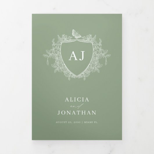 Classic sage green French floral QR code wedding 三つ折り招待状 (カバー)