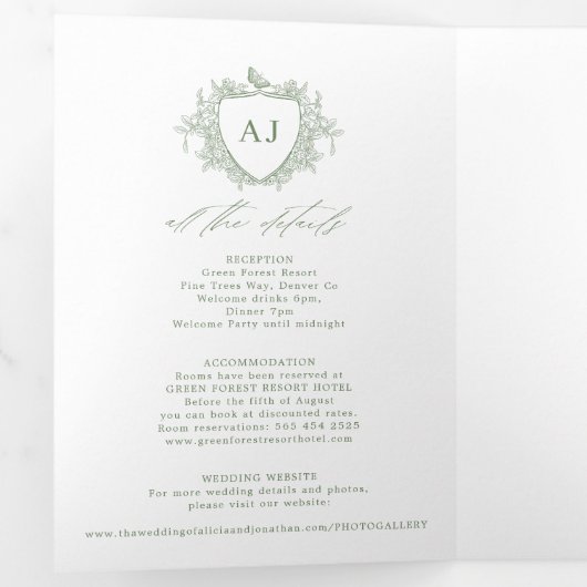 Classic sage green French floral QR code wedding 三つ折り招待状 (内部最初)