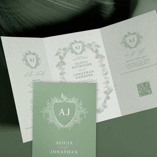 Classic sage green French floral QR code wedding 三つ折り招待状