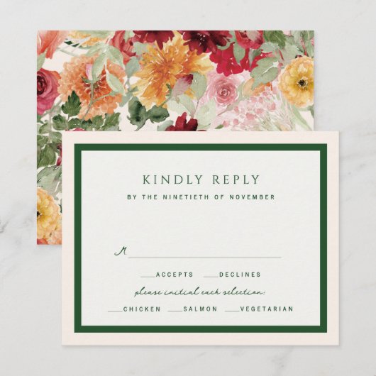 Classic Sage Green Garden Florals Formal Wedding 出欠カード (正面/裏面)