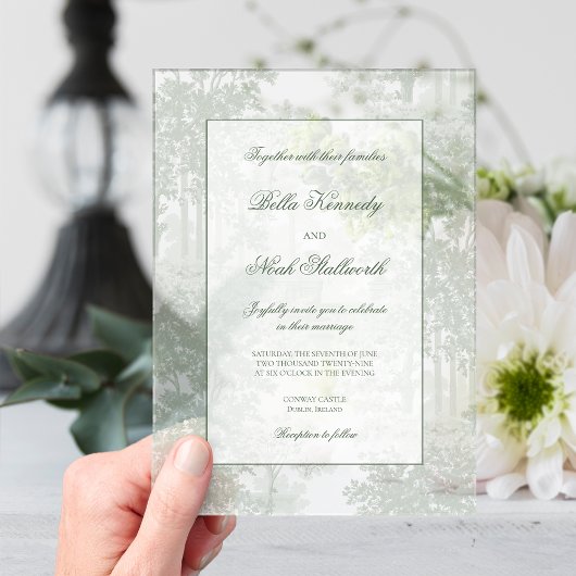 Classic Sage Green Landscape Toile Wedding アクリル招待状