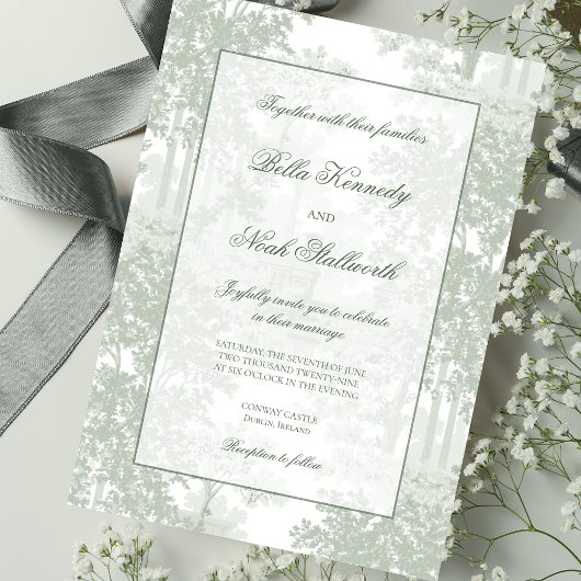 Classic Sage Green Landscape Toile Wedding 招待状