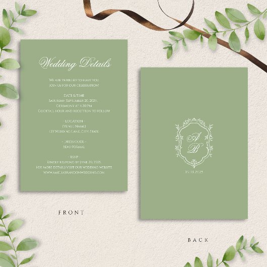 Classic Sage Green Monogram Crest Wedding Details エンクロージャーカード