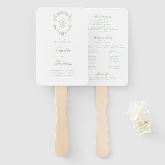 Classic Sage Green Monogram Crest Wedding Program ハンドファン (正面&裏面)