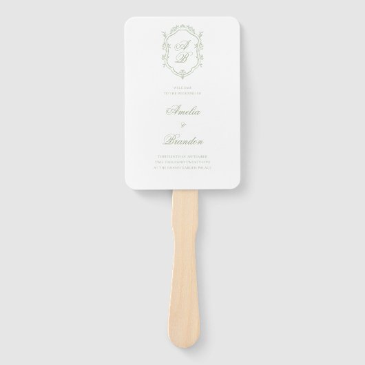 Classic Sage Green Monogram Crest Wedding Program ハンドファン (正面)