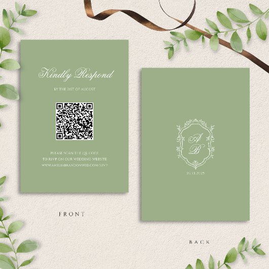 Classic Sage Green Monogram Crest Wedding QR Code 出欠カード
