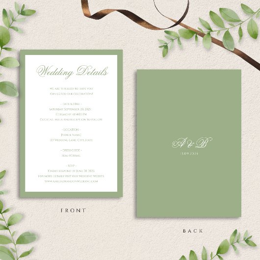 Classic Sage Green Monogram Script Wedding Details エンクロージャーカード
