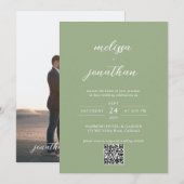 Classic Sage Green Photo Script QR Code Wedding 招待状 (正面/裏面)