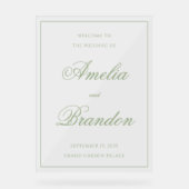 Classic Sage Green Script & Border Wedding Welcome アクリルサイン (正面)