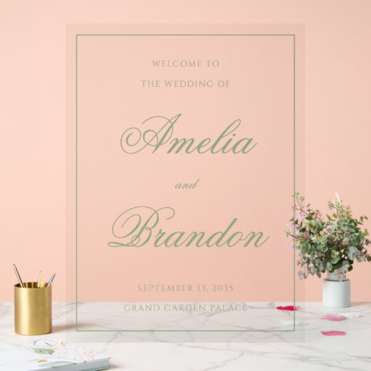 Classic Sage Green Script & Border Wedding Welcome アクリルサイン (ウェディング)