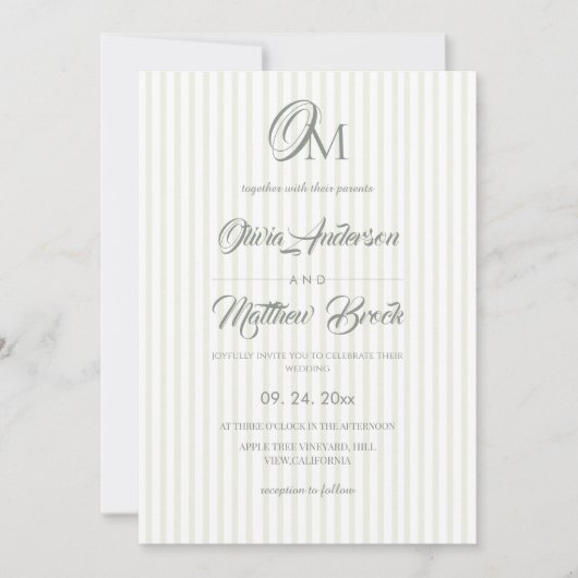 Classic Sage Green Stripe Wedding 招待状 (正面)