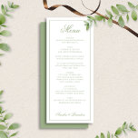 Classic Sage Green & White Border Script Wedding メニュー<br><div class="desc">This classic wedding menu features a soft sage green and white color palette with an elegant border and timeless script typography. Designed with a refined front-and-back layout, the front showcases your curated menu while the coordinating back adds a polished, finished look to each card. Perfect for formal, garden, and classic...</div>