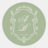 Classic Sage Green & White Monogram Crest Wedding ラウンドシール (正面)