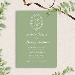 Classic Sage Green & White Monogram Crest Wedding 招待状