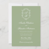 Classic Sage Green & White Monogram Crest Wedding 招待状 (正面)