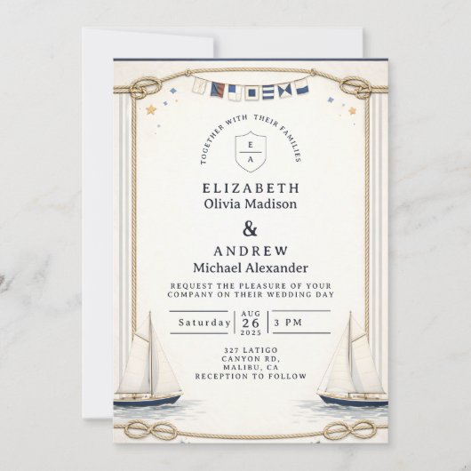 Classic Sailboat Coastal Wedding 招待状 (正面)