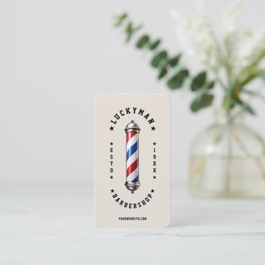 Classic Sand Red White Blue Barber Pole Barbershop 名刺 (スタンド正面)