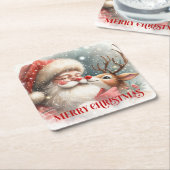 Classic Santa and Rudolph Cute Holiday Coasters スクエアペーパーコースター (アングル)