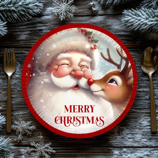 Classic Santa and Rudolph Kids Christmas Plates ペーパープレート