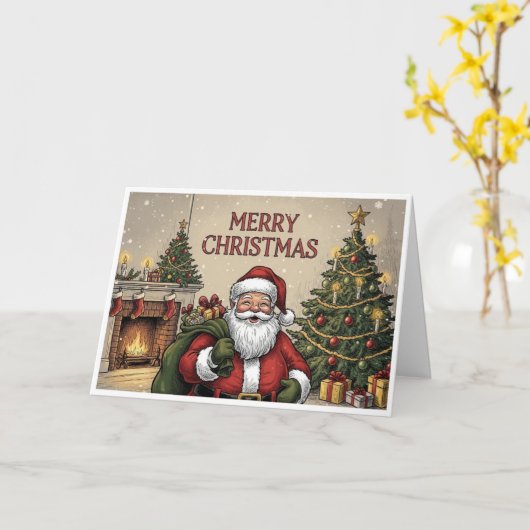 Classic Santa by Fireplace "Merry Christmas" カード (黄色い花)