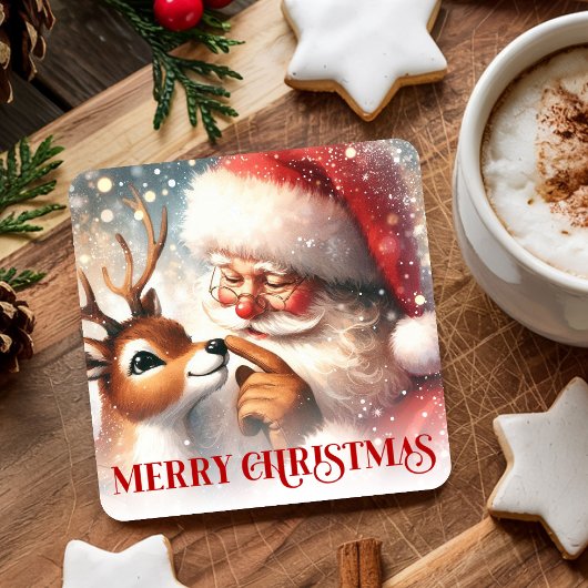 Classic Santa Claus and Rudolph Festive Coasters スクエアペーパーコースター